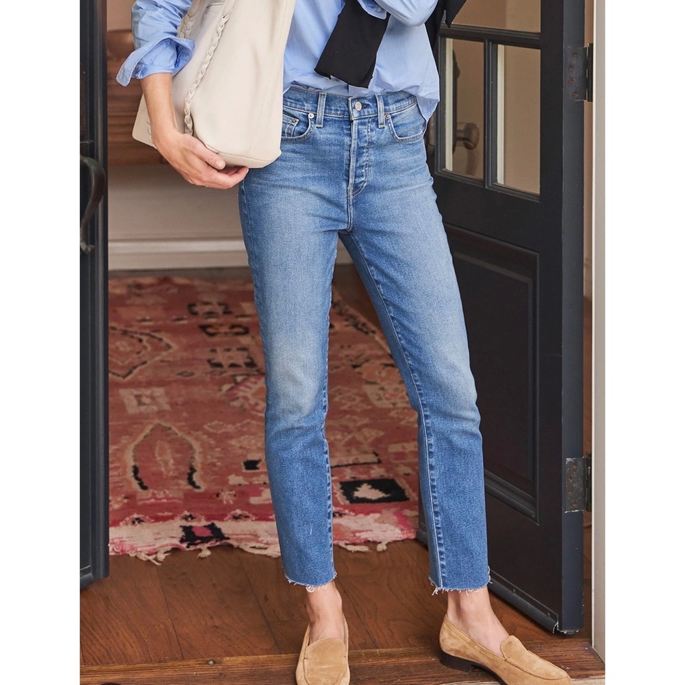 Frank & Eileen Cork High Rise Straight Leg Jeans Antique Blue Raw Hem D601 30